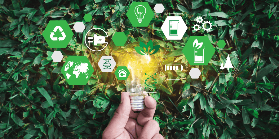 Hand holding lightbulb surrounded by plants and energy icons in green and white