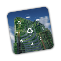 Building with greenery and energy icons surrounding the building